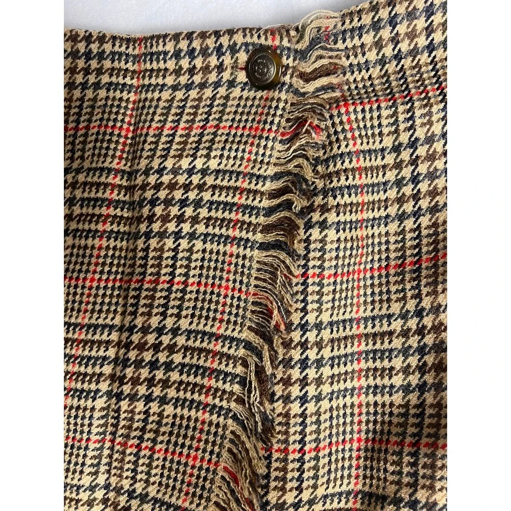 David Brooks Wrap Skirt Wm 10 Tan Plaid Pure Wool Fringe Midi Made USA Cottage